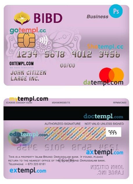 Brunei Bank Islam Darussalam business mastercard template in PSD format