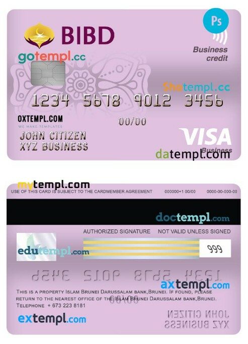 Brunei Bank Islam Darussalam business visa credit card template in PSD format