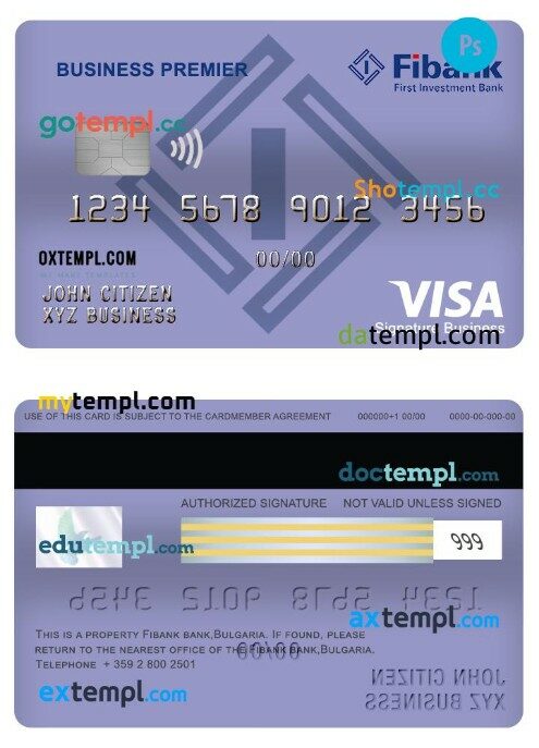 Bulgaria Fibank bank business premier visa signature card template in PSD format