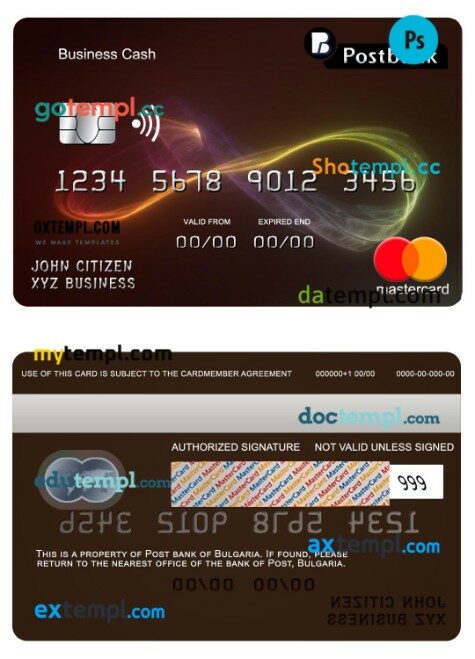 Bulgaria Post bank business cash mastercard template in PSD format