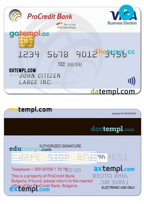 Bulgaria ProCredit Bank business visa electron card template in PSD format