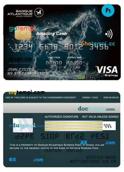 Burkina Faso Atlantique bank cash visa business card template in PSD format