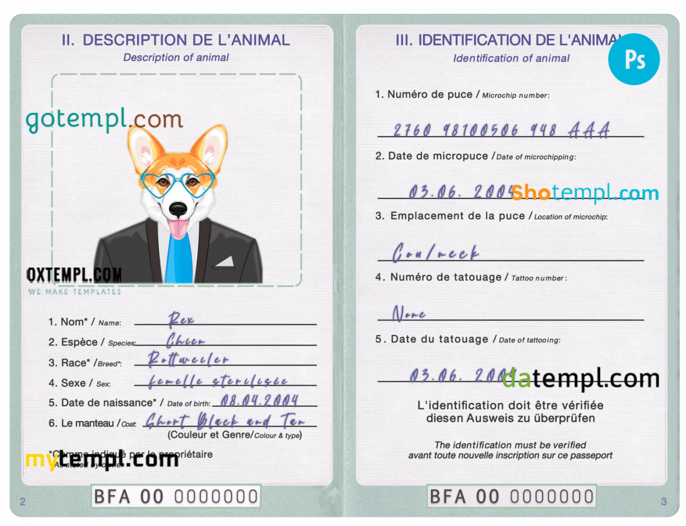 free download Burkinabé dog (animal, pet) passport PSD example, fully editable
