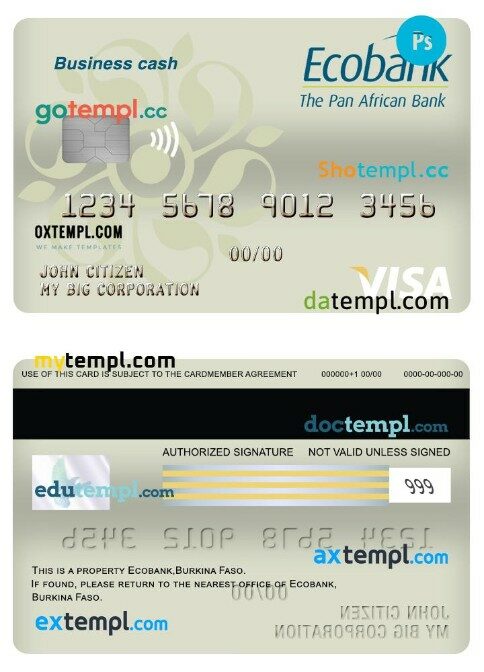 Burkina Faso Ecobank bank business cash visa card template in PSD format