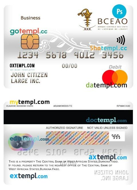Burkina Faso The Central bank of West African States bank debit business mastercard template in PSD format