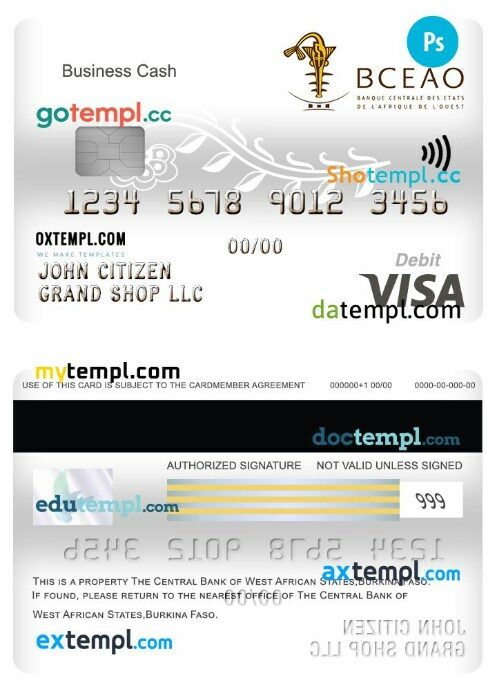 Burkina Faso The Central bank of West African Statesbank business cash visa debit card template in PSD format