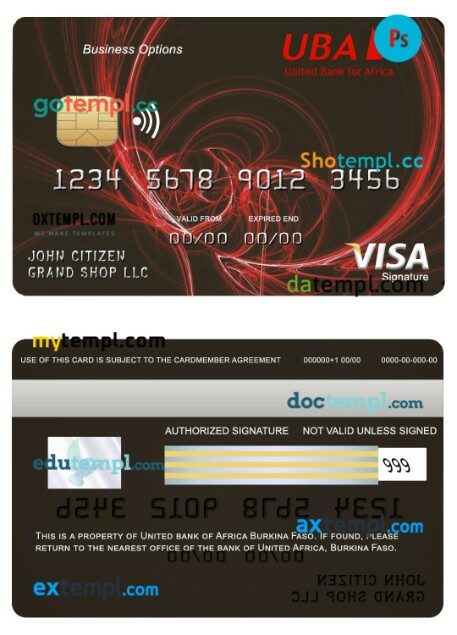 Burkina Faso United bank Africa business visa signature card template in PSD format