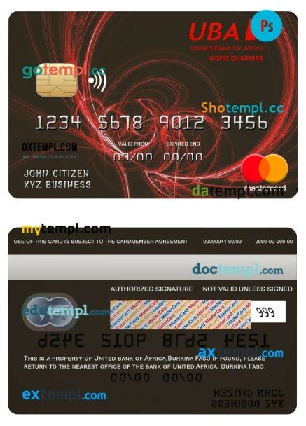Burkina Faso United bank Africa world business mastercard template in PSD format