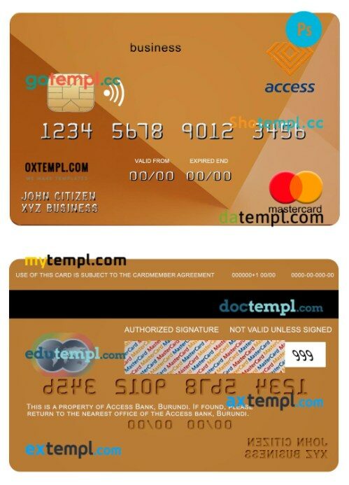 Burundi Access bank business mastercard template in PSD format