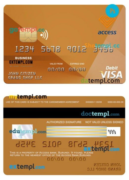 Burundi Access bank visa business card template in PSD format