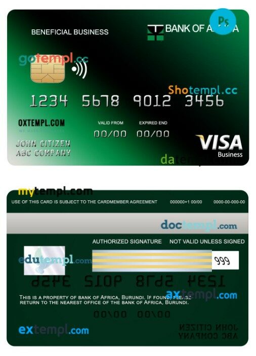 Burundi Africa bank beneficial business visa card template in PSD format