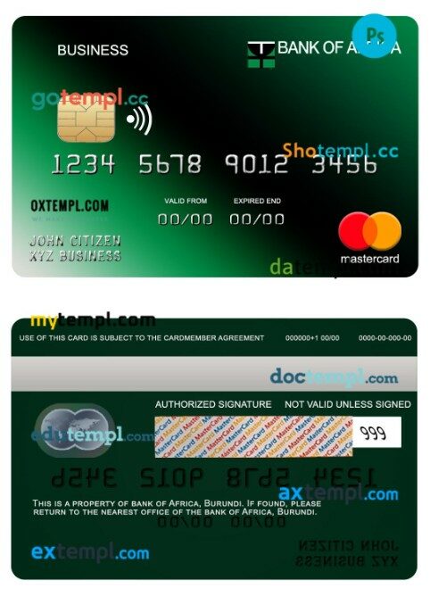 Burundi Africa bank business mastercard template in PSD format