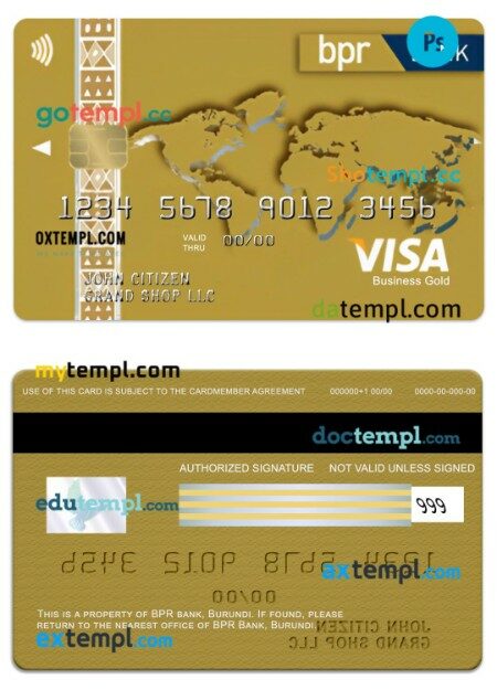 Burundi BPR bank visa business gold card template in PSD format