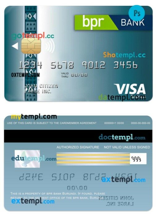 Burundi BPR bank visa classic business card template in PSD format