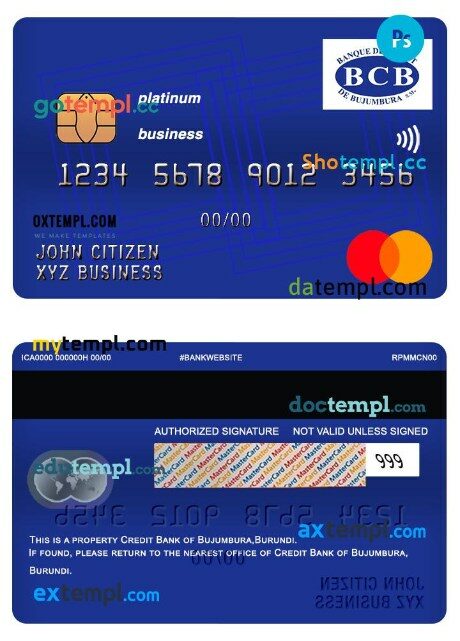 Burundi Credit bank of Bujumbura business platinum mastercard template in PSD format