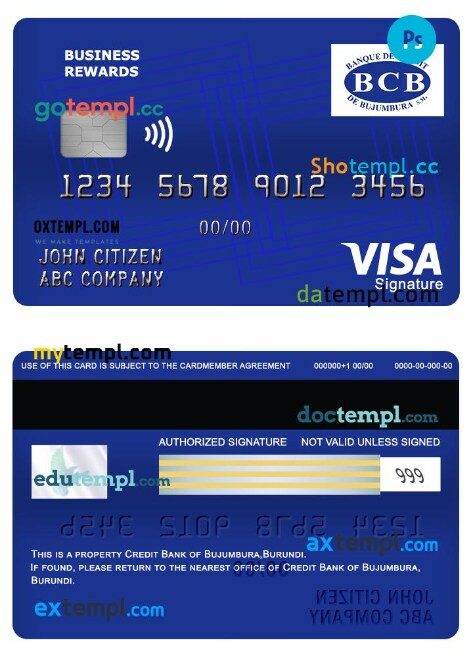 Burundi Credit bank of Bujumbura business rewards visa signature card template in PSD format