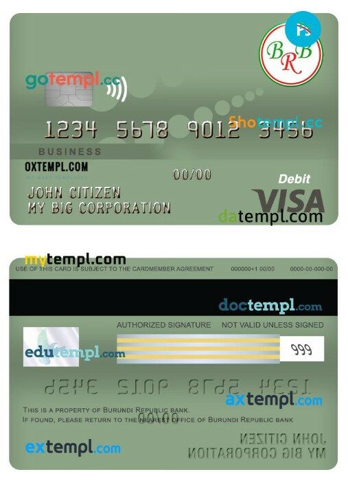 Burundi Republic Bank business visa debit card template in PSD format