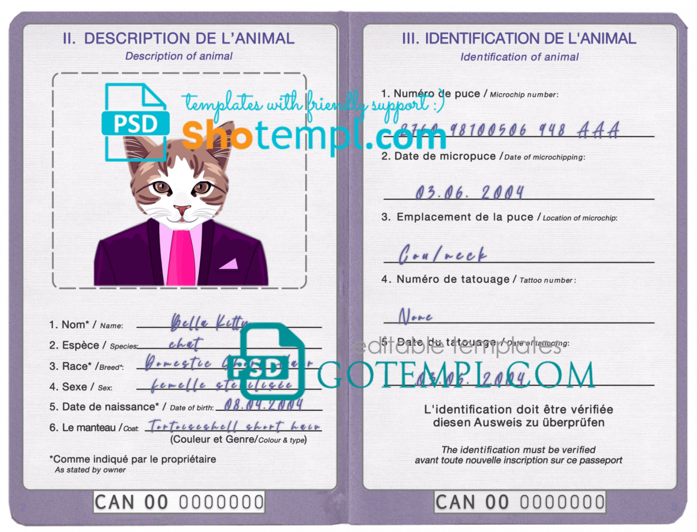 free download Canadian cat (animal, pet) passport example in PSD format, fully editable