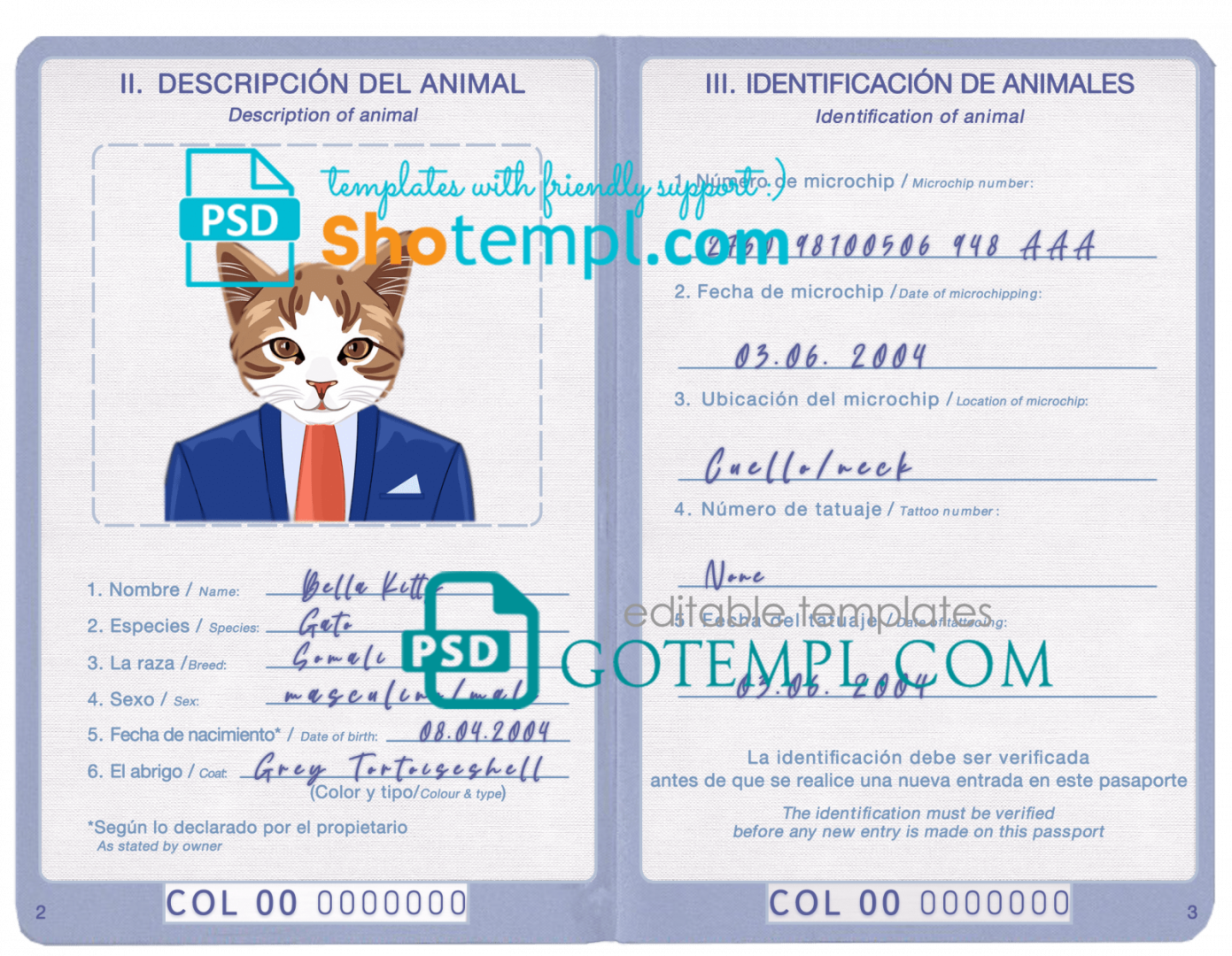 free download Colombian cat (animal, pet) passport PSD example, completely editable