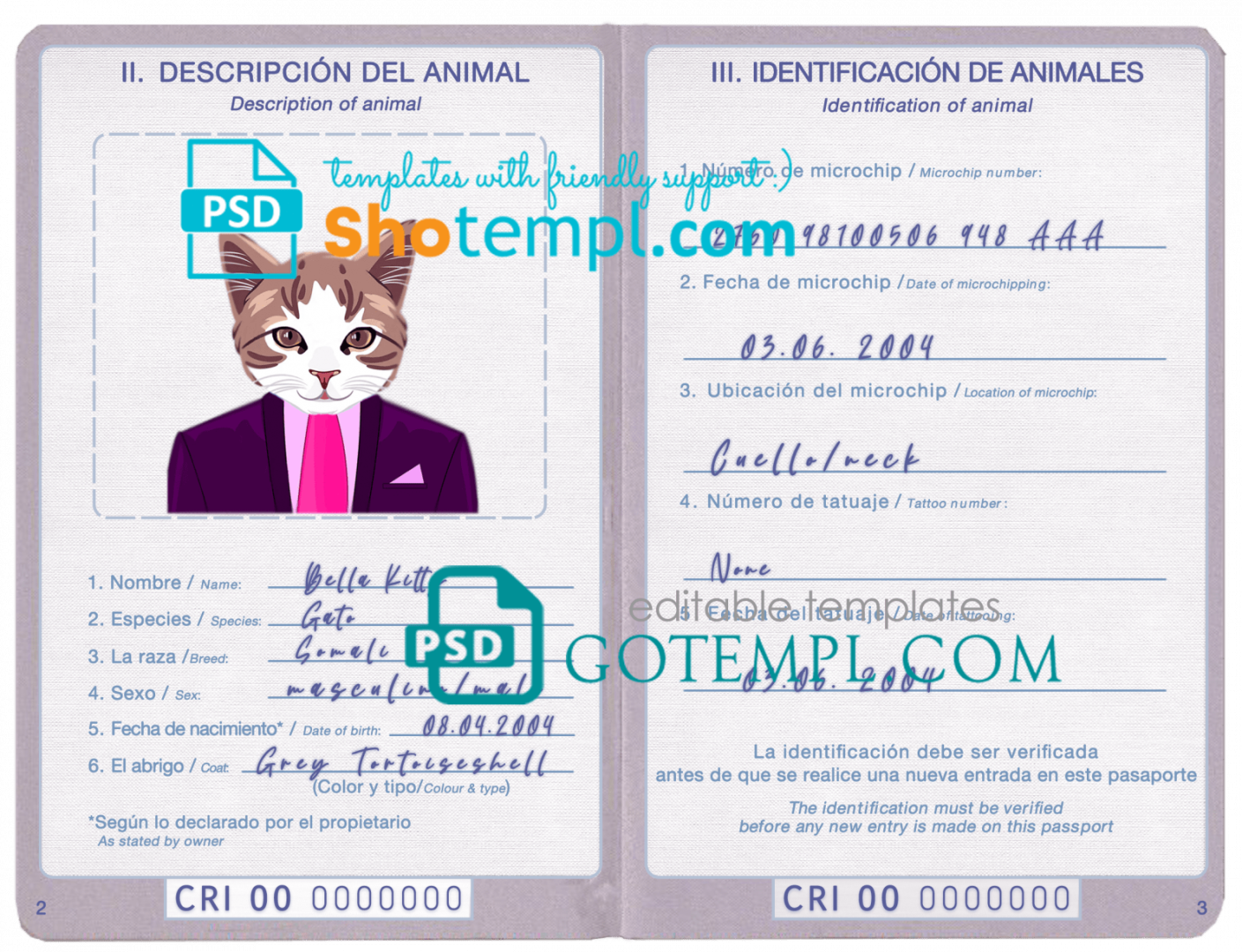 free download Costa Rican cat (animal, pet) passport PSD example, completely editable