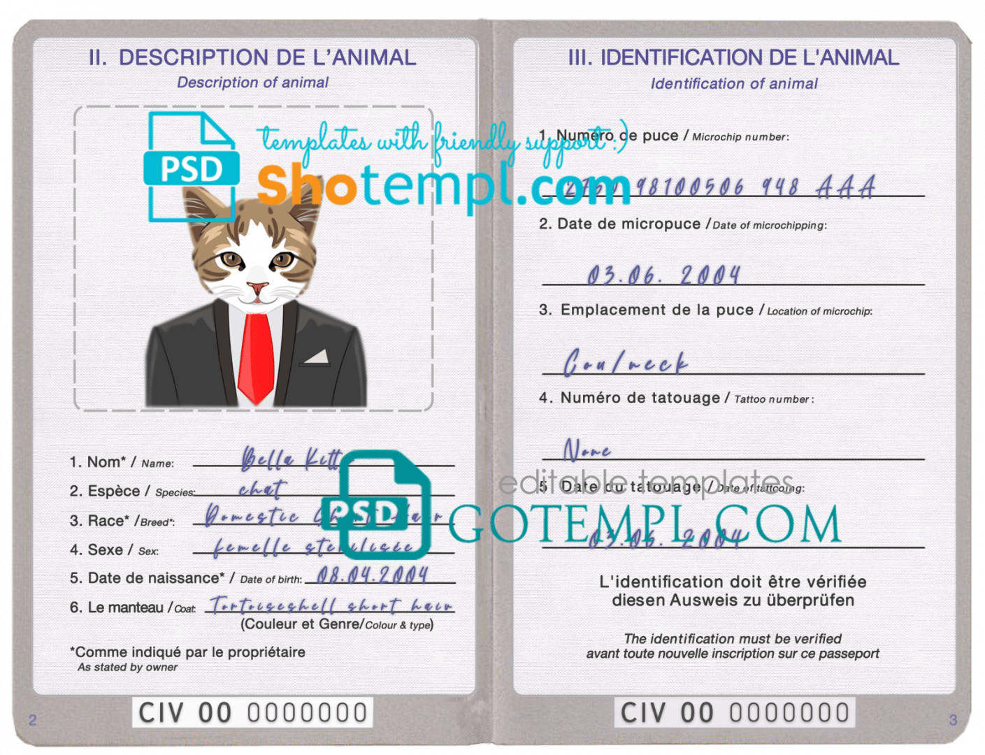 free download Côte d'Ivoire cat (animal, pet) passport PSD example, fully editable