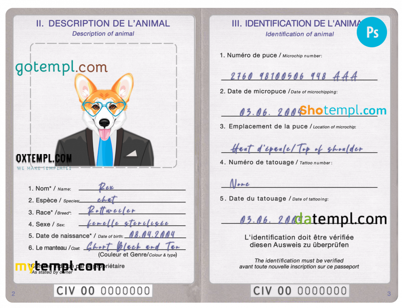 free download Côte d'Ivoire dog (animal, pet) passport PSD example, fully editable