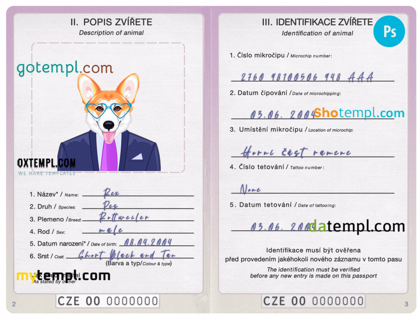 free download Czech dog (animal, pet) passport PSD example, completely editable