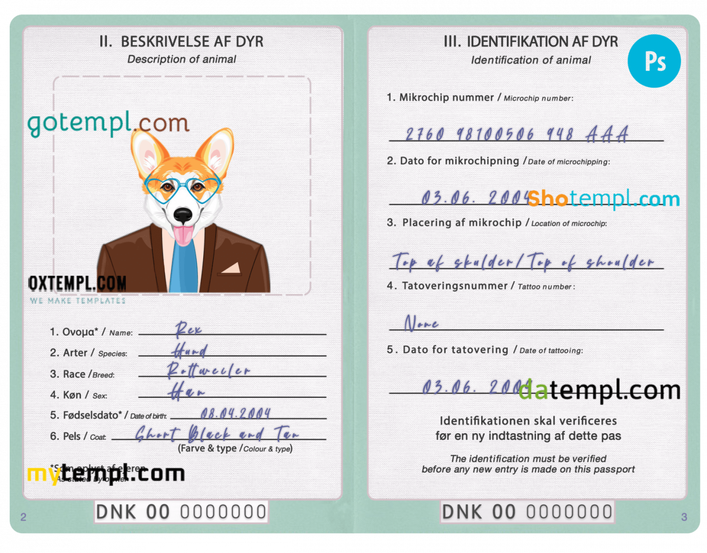 free download Danish dog (animal, pet) passport PSD example, fully editable