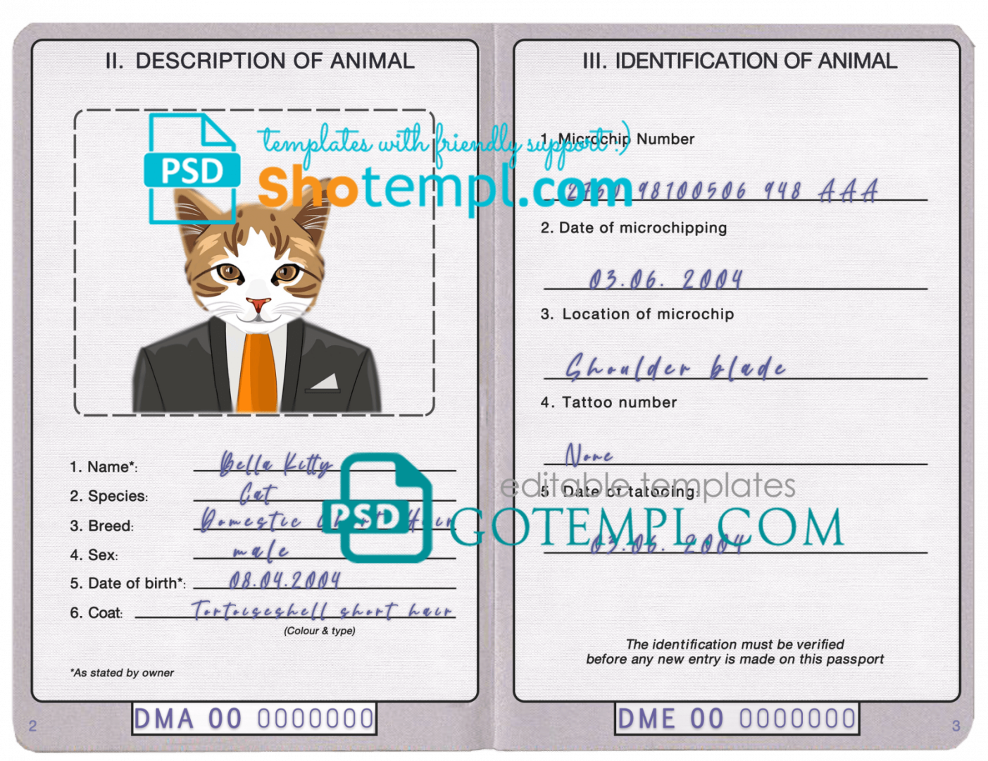 free download Dominican cat (animal, pet) passport PSD example, completely editable
