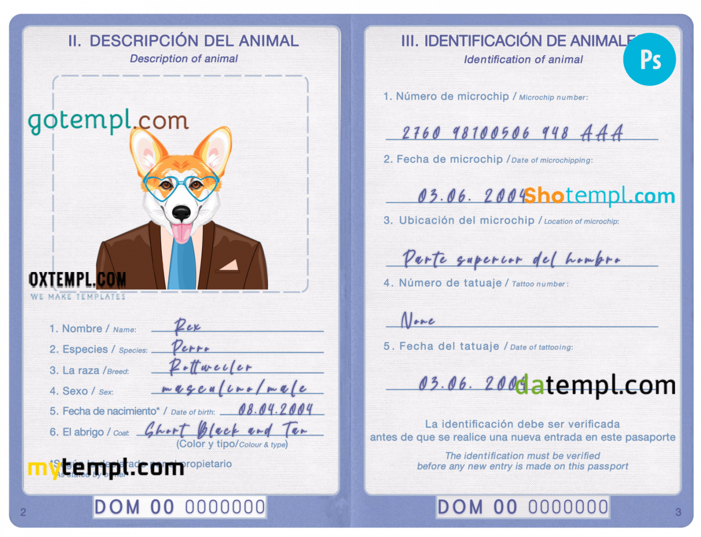 free download Dominicann Republic dog (animal, pet) passport PSD example, fully editable