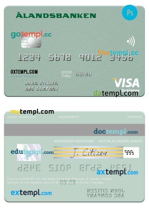 Finland Bank of Aland visa business card template in PSD format