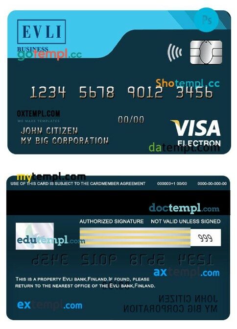 Finland Evli bank visa business electron card template in PSD format