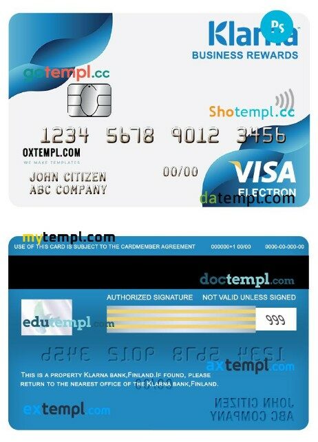 Finland Klarna bank business rewards visa electron card template in PSD format