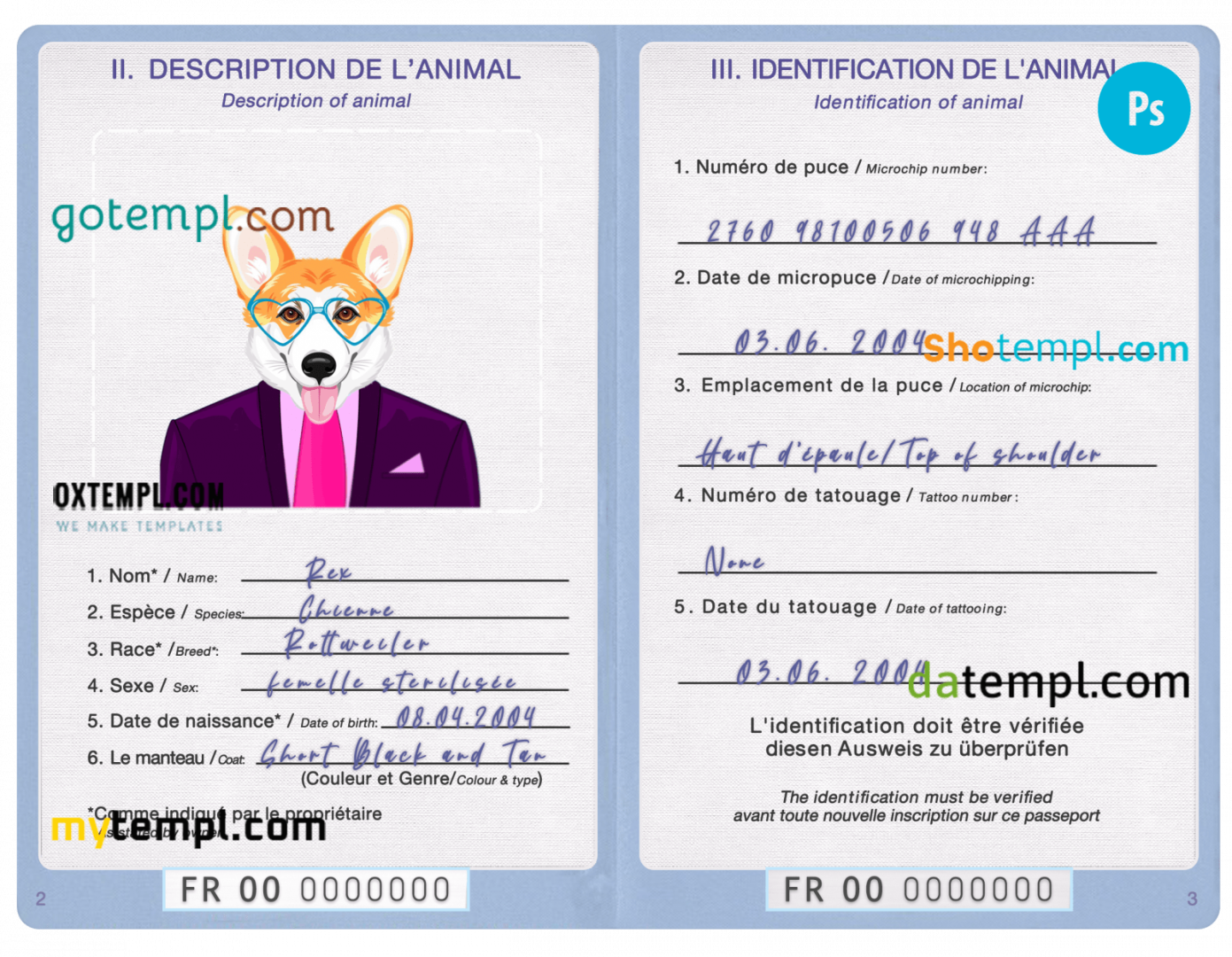 free download French dog (animal, pet) passport PSD example, completely editable