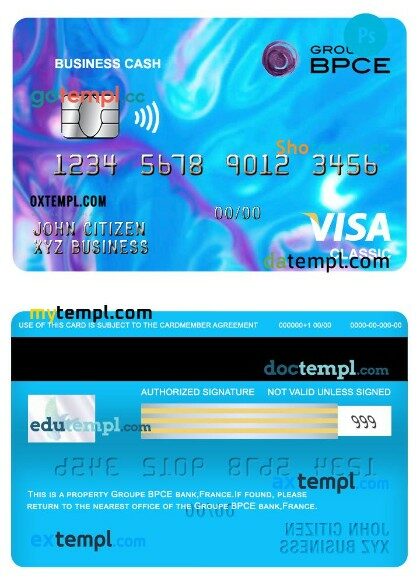 France Groupe BPCE bank business cash visa classic card template in PSD format