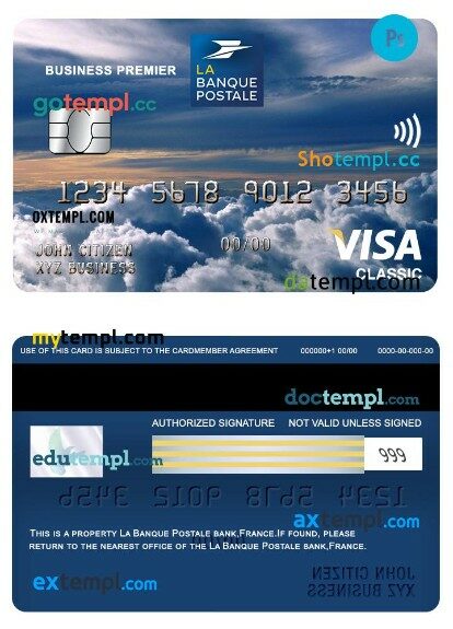 France La Banque Postale bank business premier visa classic card template in PSD format