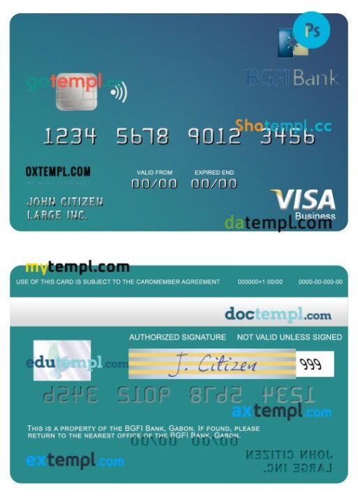 Gabon BGFI Bank visa business card template in PSD format
