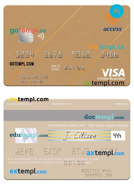 Gambia Access Bank visa infinite business card template in PSD format