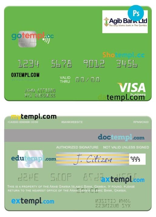 Gambia Arab Gambia Islamic Bank visa business card template in PSD format