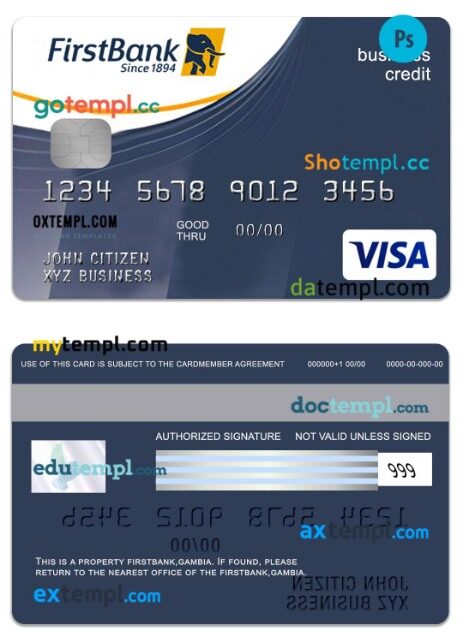 Gambia FirstBank visa business credit card template in PSD format