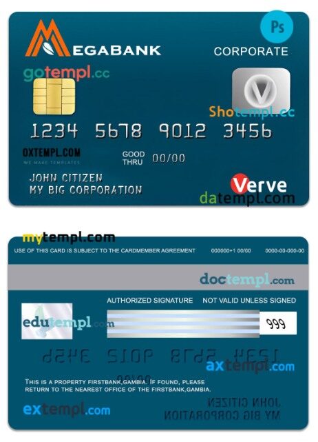 Gambia MegaBank Verve corporate card template in PSD format