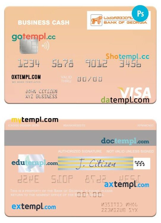 Georgia Bank of Georgia business cash visa card template in PSD format