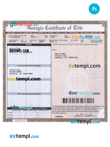 Georgia certificate of title of a vehicle (car title) template in PSD format, fully editable, front and back
