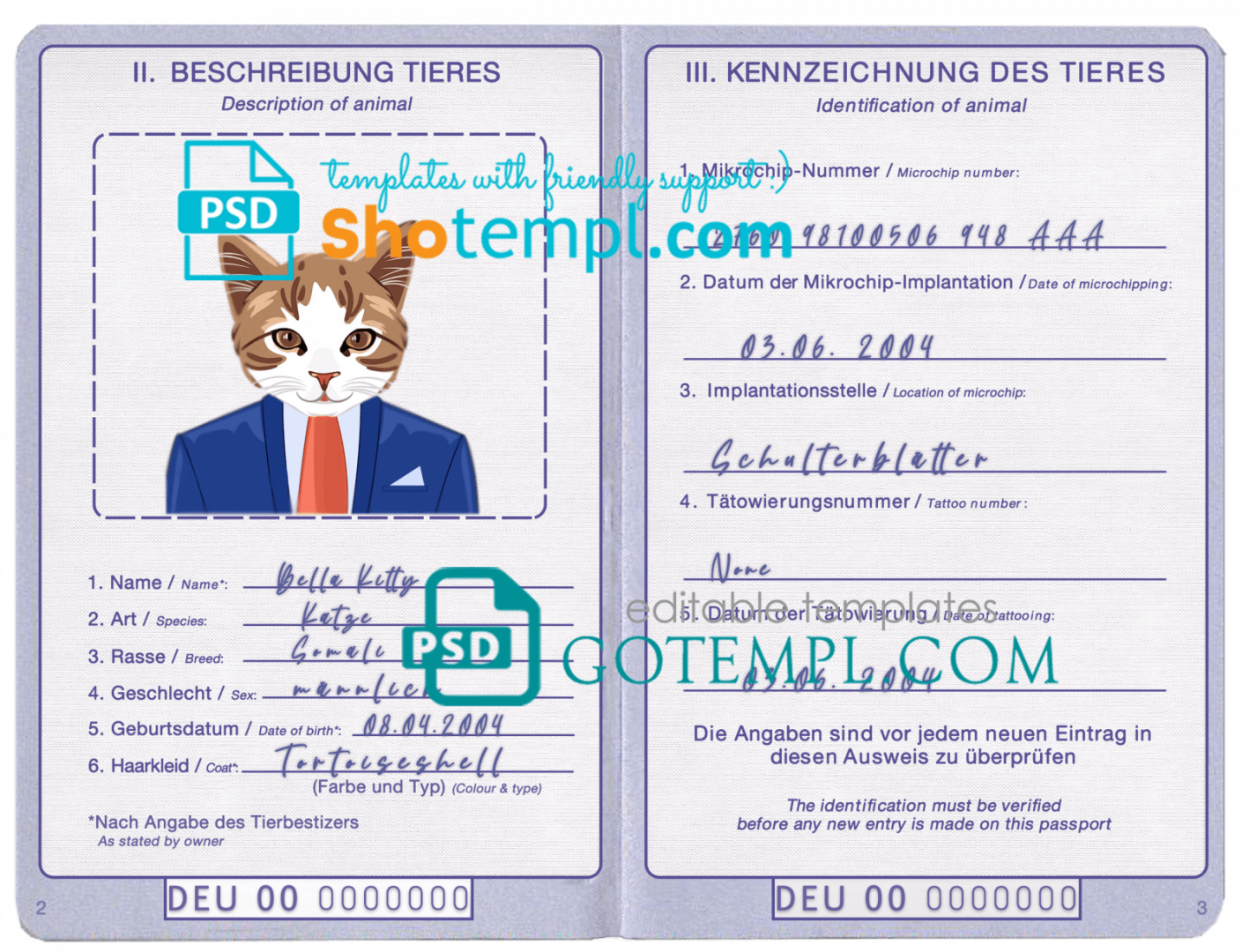 free download German cat (animal, pet) passport PSD example, completely editable