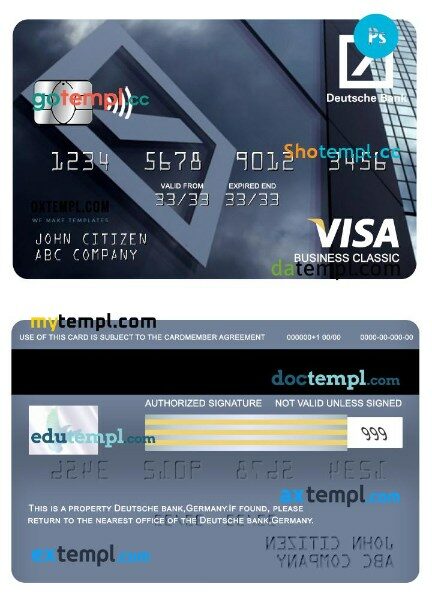 Germany Deutsche bank visa business classic card template in PSD format