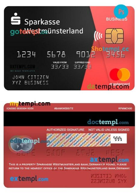 Germany Sparkasse Westmunsterland bank business mastercard template in PSD format