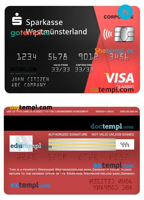 Germany Sparkasse westmunsterland bank visa corporate classic card template in PSD format
