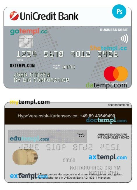 Germany UniCredit Bank MasterCard business debit Credit Card template in PSD format