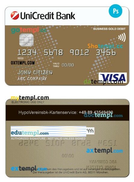 Germany UniCredit Bank business VISA Credit Card template in PSD format