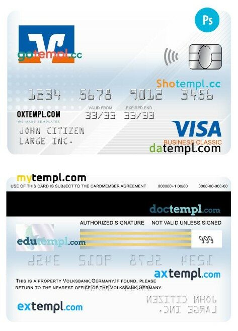 Germany Volksbank visa business classic card template in PSD format